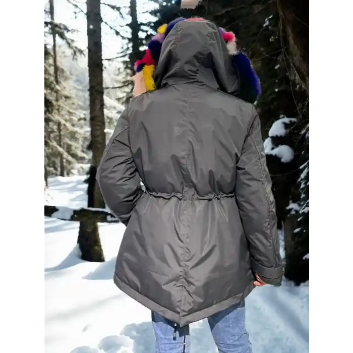 Kadın Su Geçirmez Kapüşonlu Mont - Füme