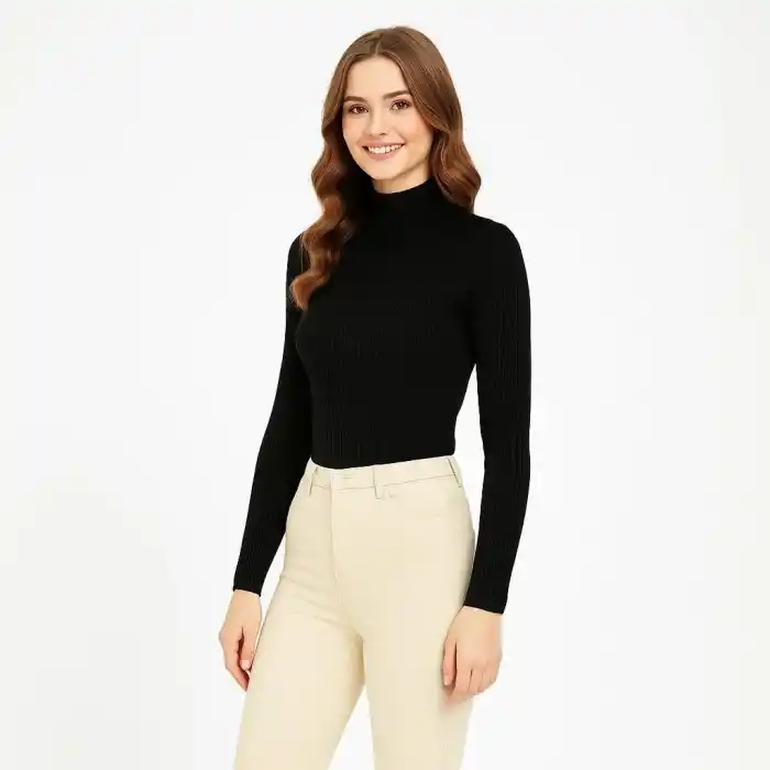 Kadın Tam Boğazlı Fitilli Likrali Koşkorse Badi - Siyah