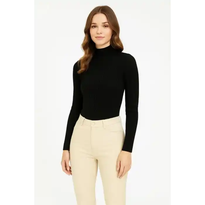 Kadın Tam Boğazlı Fitilli Likrali Koşkorse Badi - Siyah