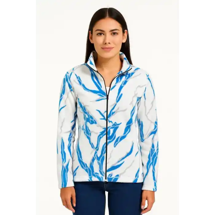 Kadın Tam Fermuarlı Desenli Polar Sweat Lightning Desen Yakalı, Uzun Kollu, Oversize Rahat Kalıp - Beyaz