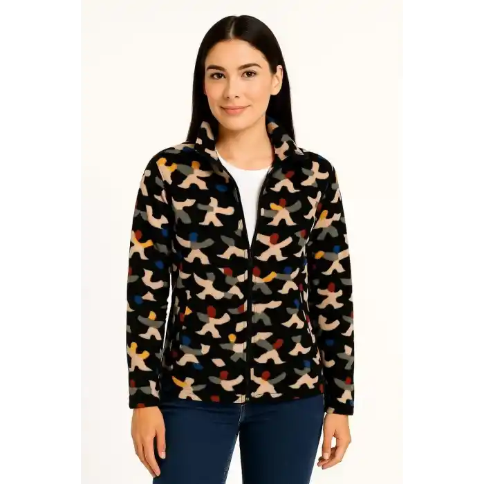 Kadın Tam Fermuarlı Desenli Polar Sweat – Siyah Multicolor Figür Desen Yakalı, Uzun Kollu, Oversize Rahat Kalıp - Siyah