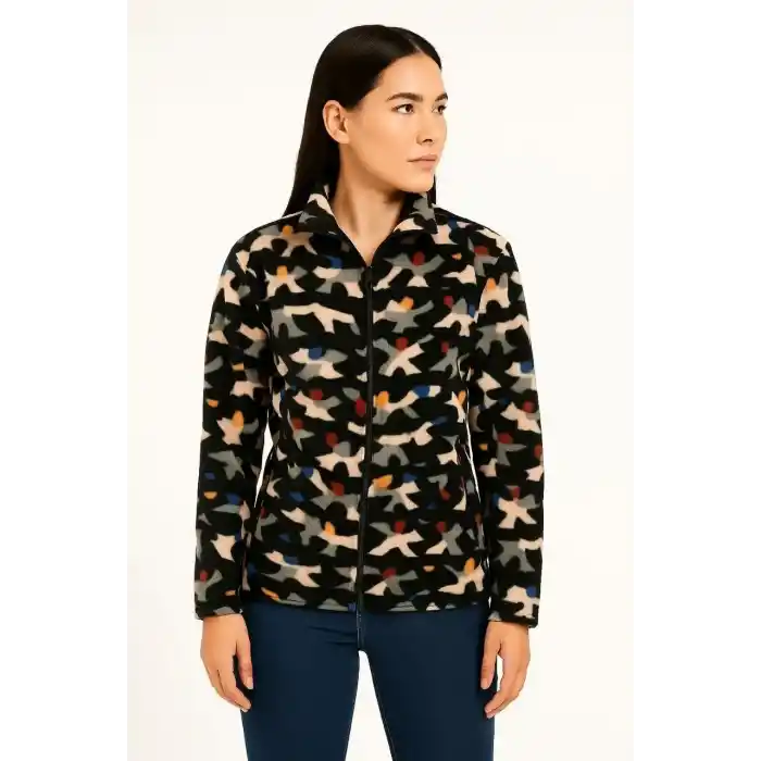 Kadın Tam Fermuarlı Desenli Polar Sweat – Siyah Multicolor Figür Desen Yakalı, Uzun Kollu, Oversize Rahat Kalıp - Siyah