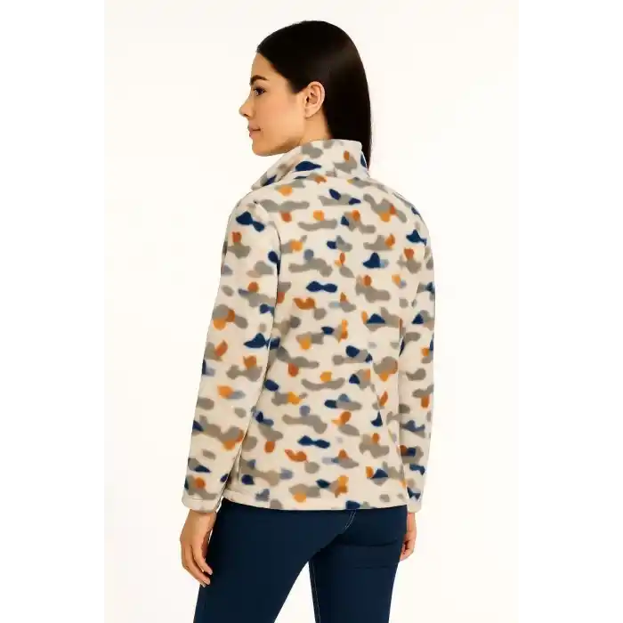 Kadın Tam Fermuarlı Desenli Polar Sweat – Siyah Multicolor Figür Desen Yakalı, Uzun Kollu, Oversize Rahat Kalıp - Beyaz