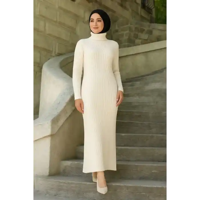 Kadın Tesettür Triko Elbise – Boğazlı Uzun Fitilli Dokuma, Esnek Tam Kalıp, 130 cm Midi Boy, Bahar & Kış Şık Rahat Stil - Beyaz