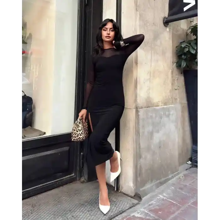 Kadın tül detaylı midi boy yırtmaçlı elbise