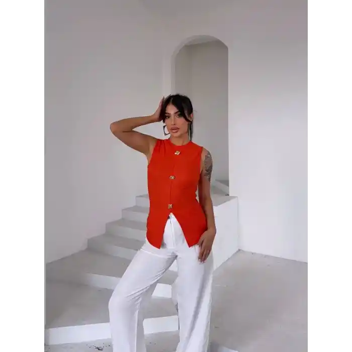 Kadın turuncu bisiklet yaka gold düğmeli ottoman bluz s2310