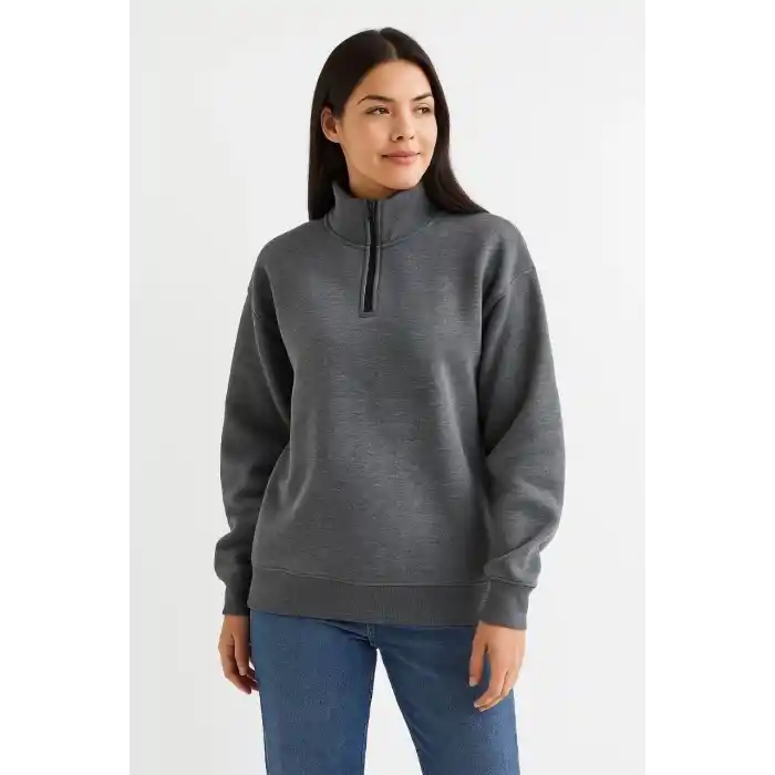 Kadın Üç İplik Dık Yaka Yarım Fermuarlı SweatShirt - Antrasit
