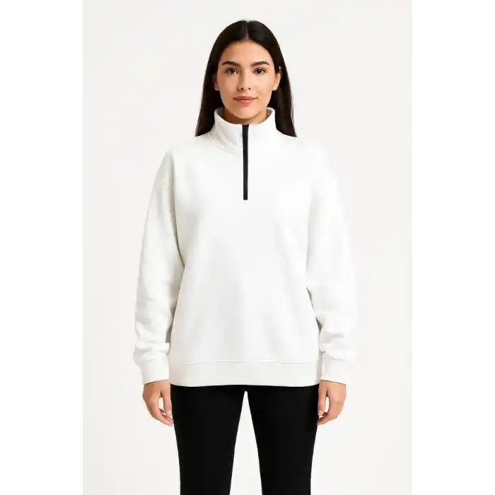 Kadın Üç İplik Dık Yaka Yarım Fermuarlı SweatShirt - Beyaz