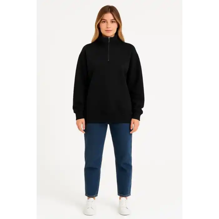 Kadın Üç İplik Dık Yaka Yarım Fermuarlı SweatShirt - Siyah