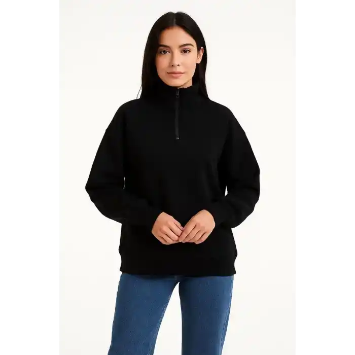 Kadın Üç İplik Dık Yaka Yarım Fermuarlı SweatShirt - Siyah