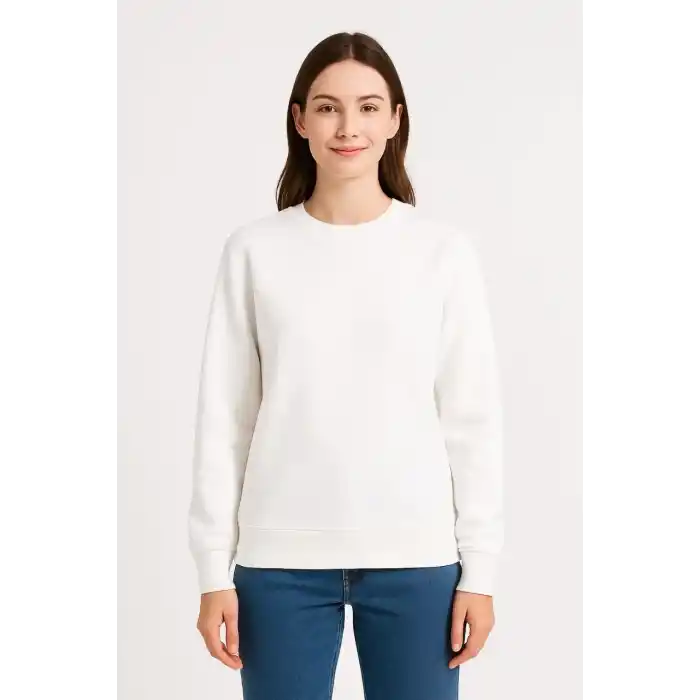 Kadın Üç İplik Düz Bisiklet Yaka SweatShirt - Beyaz