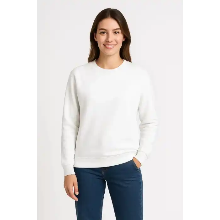 Kadın Üç İplik Düz Bisiklet Yaka SweatShirt - Beyaz