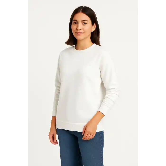 Kadın Üç İplik Düz Bisiklet Yaka SweatShirt - Beyaz