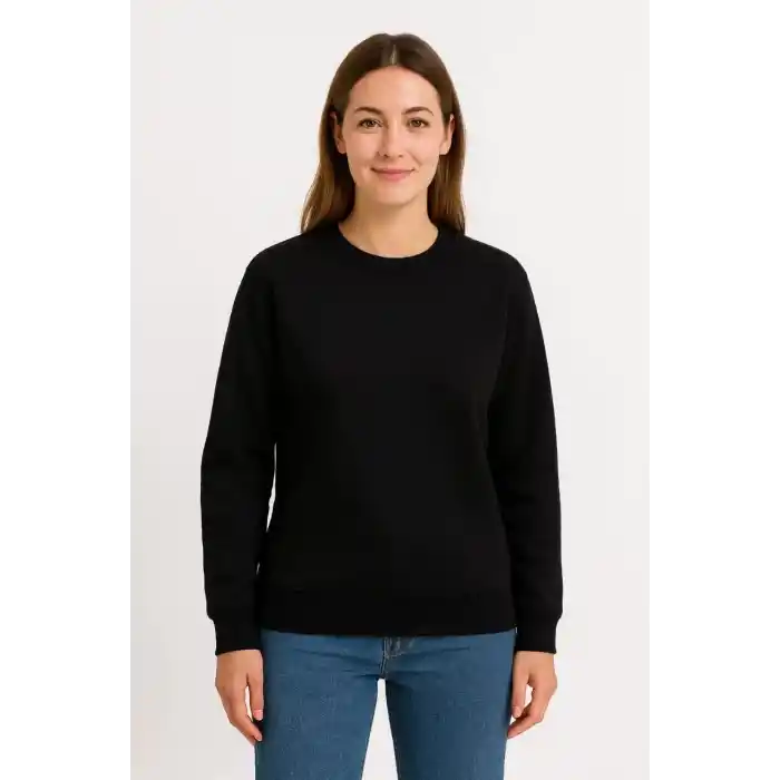 Kadın Üç İplik Düz Bisiklet Yaka SweatShirt - Siyah