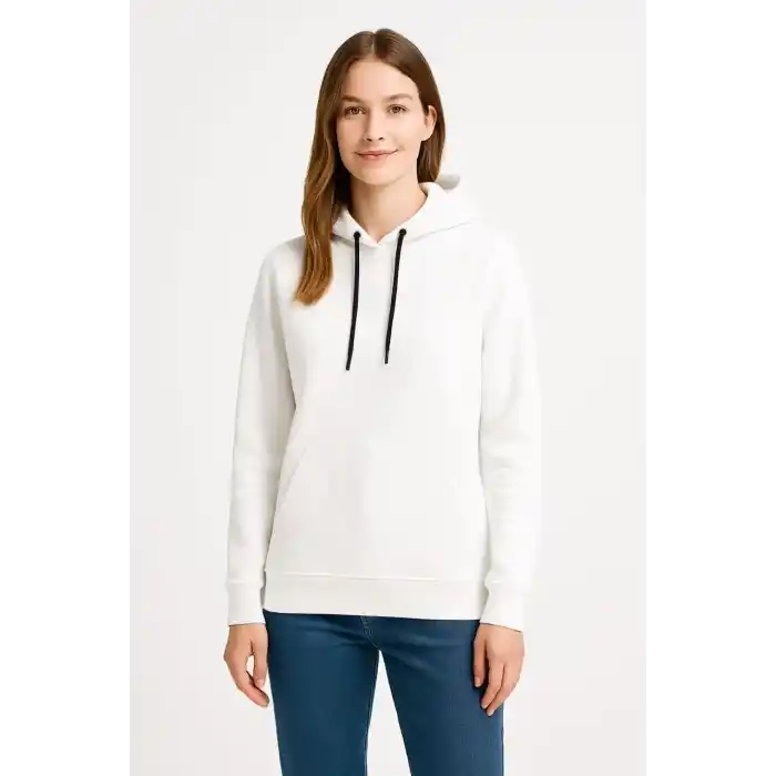 Kadın Üç İplik Kapüşonlu Kanguru Çepli SweatShirt hoodie - Beyaz
