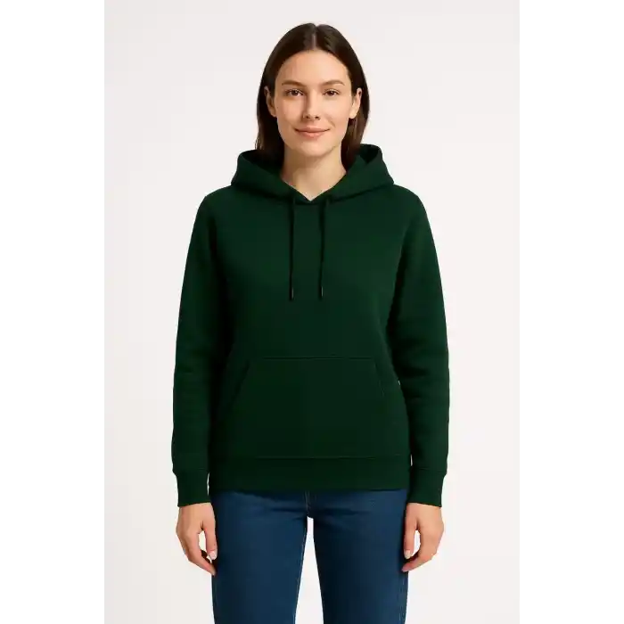 Kadın Üç İplik Kapüşonlu Kanguru Cepli Sweatshirt hoodie - Haki
