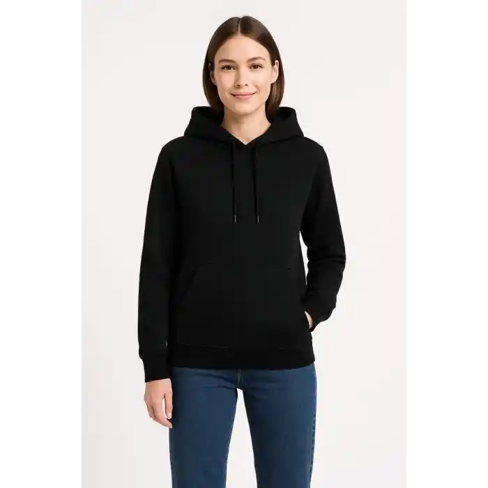Kadın Üç İplik Kapüşonlu Kanguru Cepli Sweatshirt hoodie - Siyah