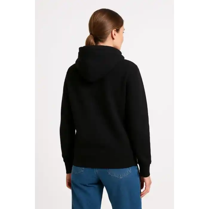 Kadın Üç İplik Kapüşonlu Kanguru Cepli Sweatshirt hoodie - Siyah