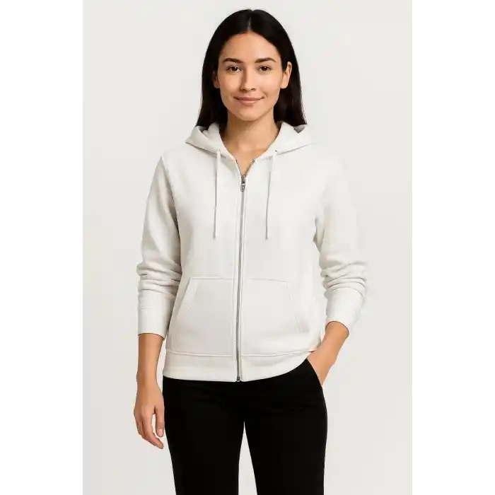 Kadın Üç İplik Kapüşonlu Tam Fermuarlı Kanguru Çepli SweatShirt Hoodie - Beyaz