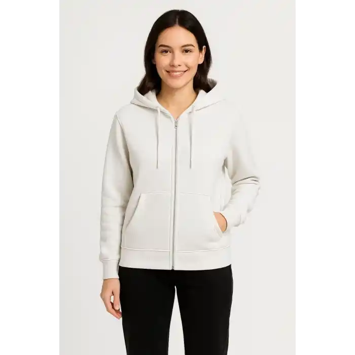 Kadın Üç İplik Kapüşonlu Tam Fermuarlı Kanguru Çepli SweatShirt Hoodie - Beyaz