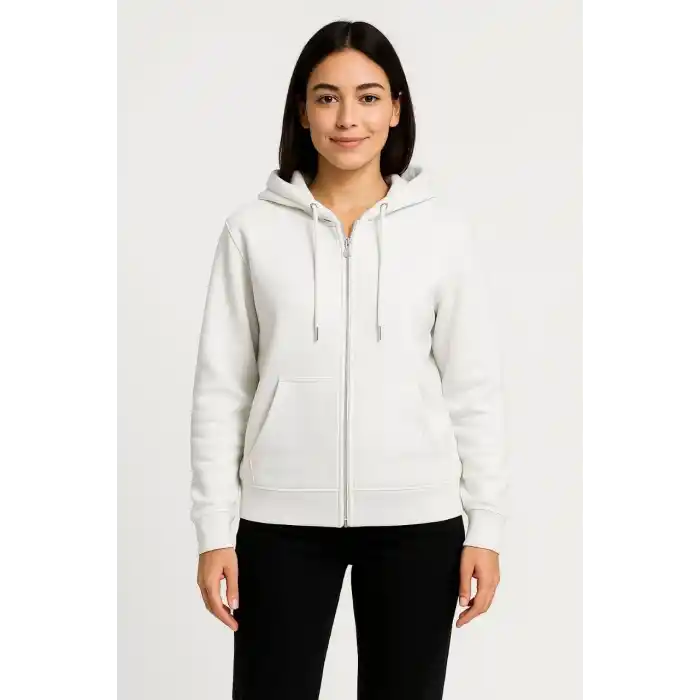 Kadın Üç İplik Kapüşonlu Tam Fermuarlı Kanguru Çepli SweatShirt Hoodie - Beyaz