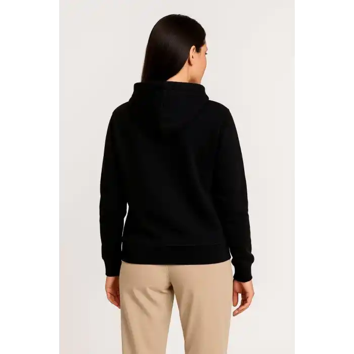 Kadın Üç İplik Kapüşonlu Tam Fermuarlı Kanguru Çepli SweatShirt Hoodie - Siyah