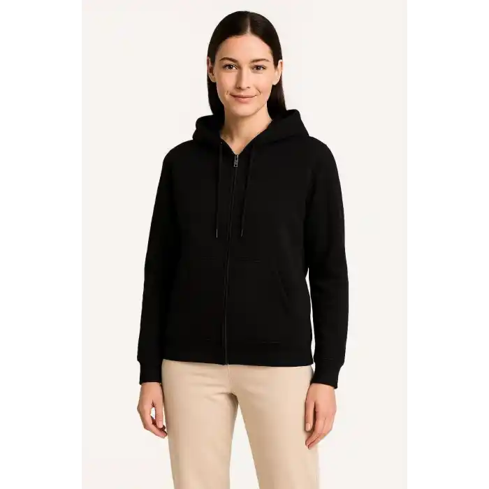 Kadın Üç İplik Kapüşonlu Tam Fermuarlı Kanguru Çepli SweatShirt Hoodie - Siyah