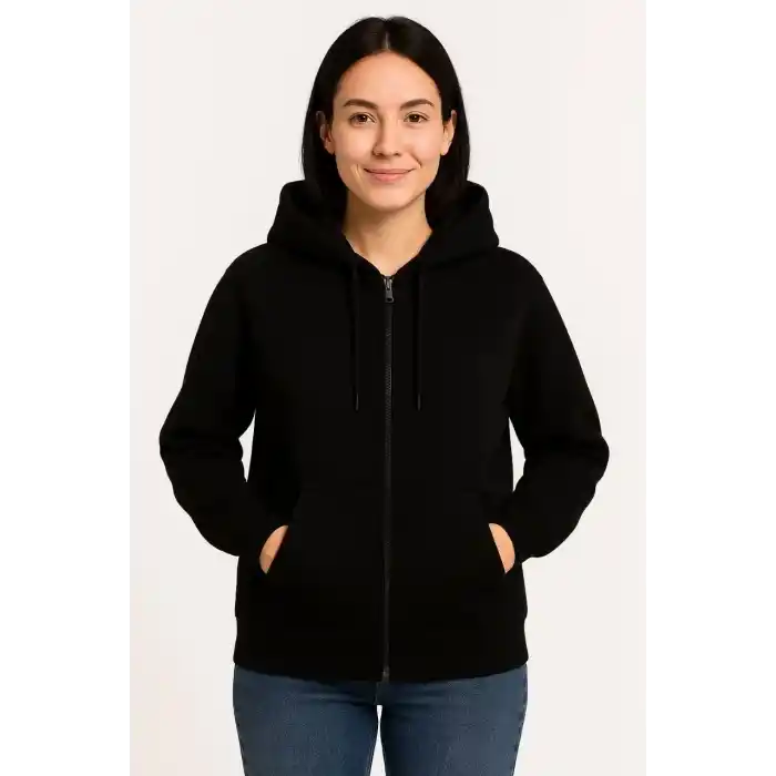 Kadın Üç İplik Kapüşonlu Tam Fermuarlı Kanguru Çepli SweatShirt Hoodie - Siyah