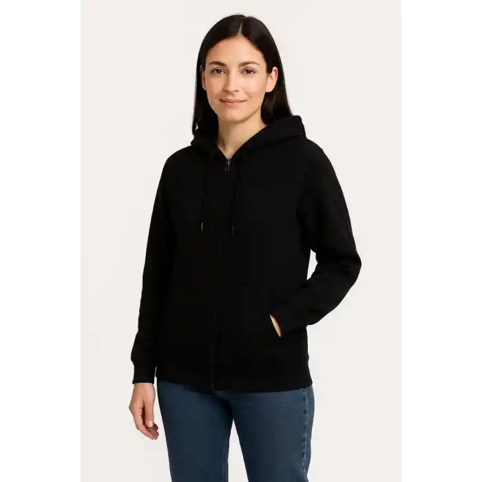 Kadın Üç İplik Kapüşonlu Tam Fermuarlı Kanguru Çepli SweatShirt Hoodie - Siyah