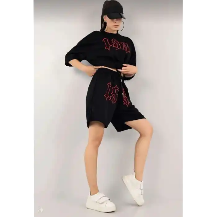 Kadın Unisex Nakış İşlemeli Şort Takım - Siyah