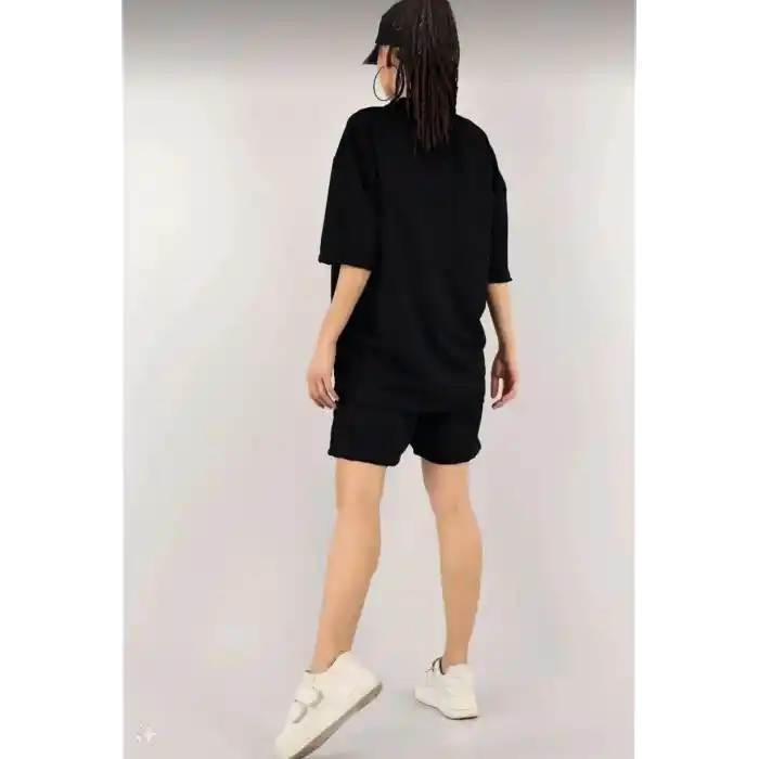 Kadın Unisex Nakış İşlemeli Şort Takım - Siyah