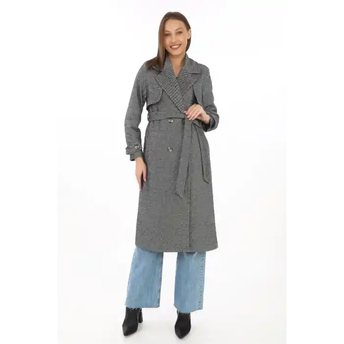 Kadın Uzun Kaşe Kaban – Balık Sırtı Dokuma Kaşmir Kumaş, Kruvaze Yaka, Kuşaklı Cepli Model, Oversize Rahat Kalıp - Boyalı Gri