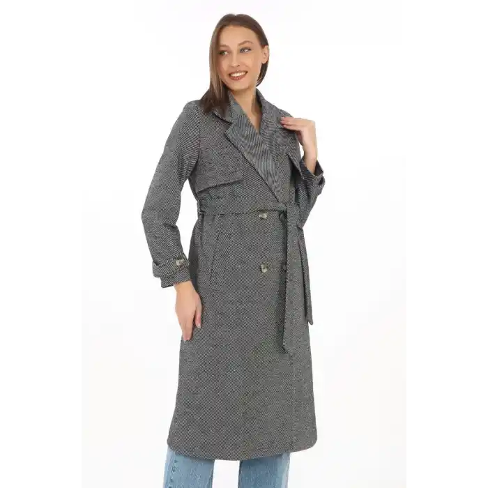 Kadın Uzun Kaşe Kaban – Balık Sırtı Dokuma Kaşmir Kumaş, Kruvaze Yaka, Kuşaklı Cepli Model, Oversize Rahat Kalıp - Boyalı Gri