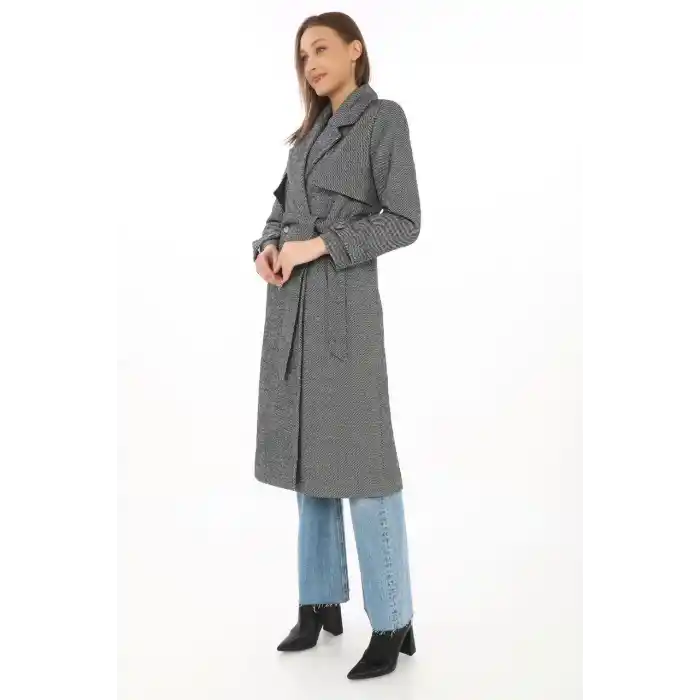 Kadın Uzun Kaşe Kaban – Balık Sırtı Dokuma Kaşmir Kumaş, Kruvaze Yaka, Kuşaklı Cepli Model, Oversize Rahat Kalıp - Boyalı Gri