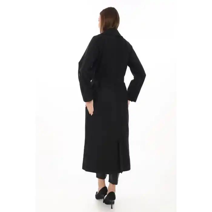 Kadın Uzun Kaşe Kaban – Yünlü Dokuma Kaşmir Kumaş, Kruvaze Yaka, Kuşaklı Astarlı Tesettür Uyumlu Şık Kışlık Siyah Model - Siyah