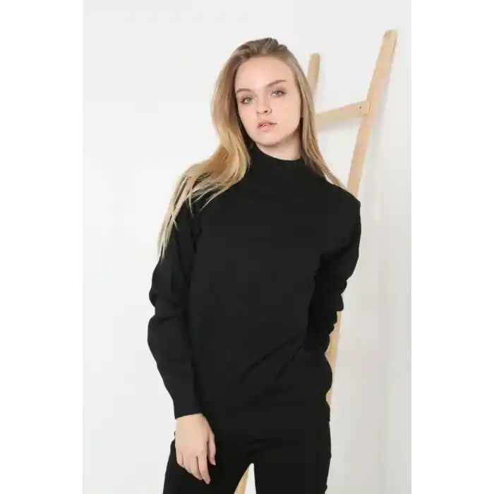 Kadın Yarım Boğaz Triko Kazak yumuşak dokulu Pamuklu ince Dokuma, uzun kollu Rahat Regular kalıp - Siyah