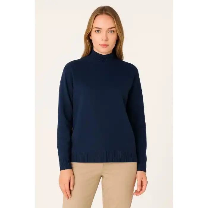 Kadın Yarım Boğaz Triko Kazak yumuşak dokulu Pamuklu ince Dokuma, uzun kollu Rahat Regular kalıp - Lacivert