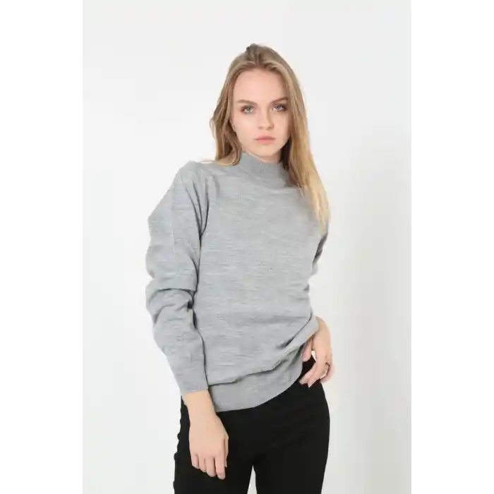 Kadın Yarım Boğaz Triko Kazak yumuşak dokulu Pamuklu ince Dokuma, uzun kollu Rahat Regular kalıp - Gri