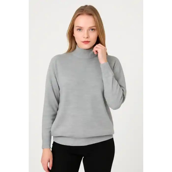 Kadın Yarım Boğaz Triko Kazak yumuşak dokulu Pamuklu ince Dokuma, uzun kollu Rahat Regular kalıp - Gri