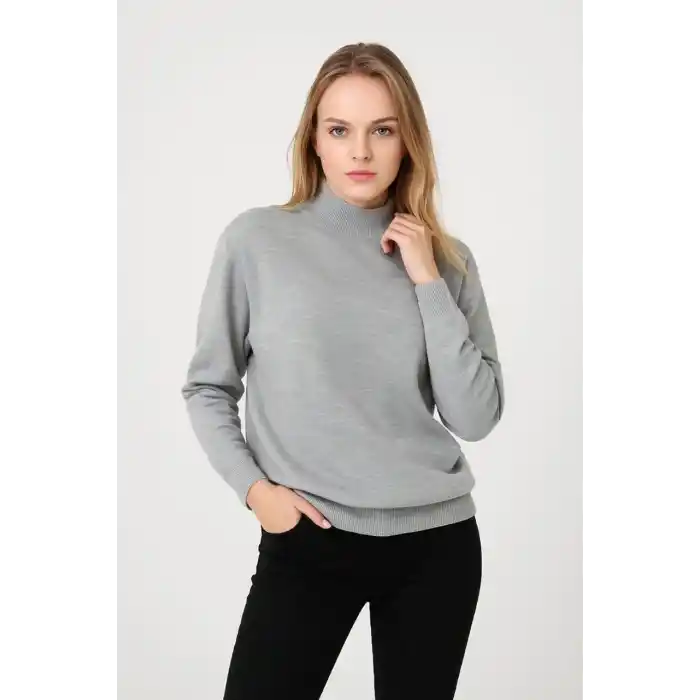 Kadın Yarım Boğaz Triko Kazak yumuşak dokulu Pamuklu ince Dokuma, uzun kollu Rahat Regular kalıp - Gri