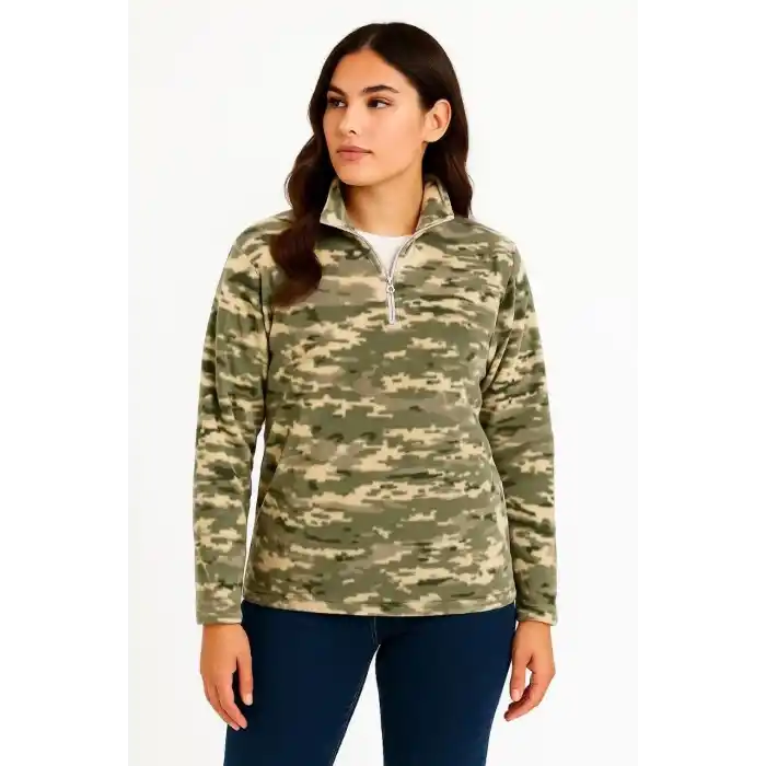 Kadın Yarım Fermuarlı Desenli Polar Sweat – Haki Kamuflaj Yakalı, Uzun Kollu, Oversize Rahat Kalıp - Haki