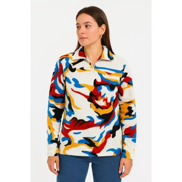 Kadın Yarım Fermuarlı Desenli Polar Sweat – Renkli Abstract Desen Yakalı, Uzun Kollu, Oversize Rahat Kalıp - Beyaz