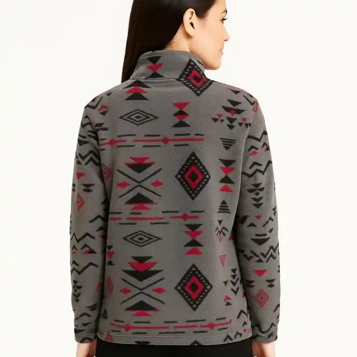 Kadın Yarım Fermuarlı Desenli Polar Sweat Tribal Etnik Desen Yakalı, Uzun Kollu, Oversize Rahat Kalıp - Füme