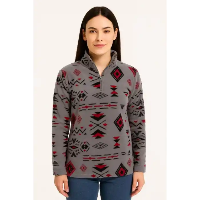 Kadın Yarım Fermuarlı Desenli Polar Sweat Tribal Etnik Desen Yakalı, Uzun Kollu, Oversize Rahat Kalıp - Füme