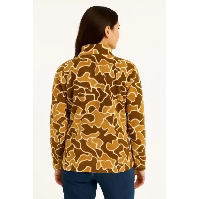 KADIN Yarım Fermuarlı Desenli Polar Sweat Yakalı, Uzun Kollu, Oversize Rahat Kalıp - Kahverengi