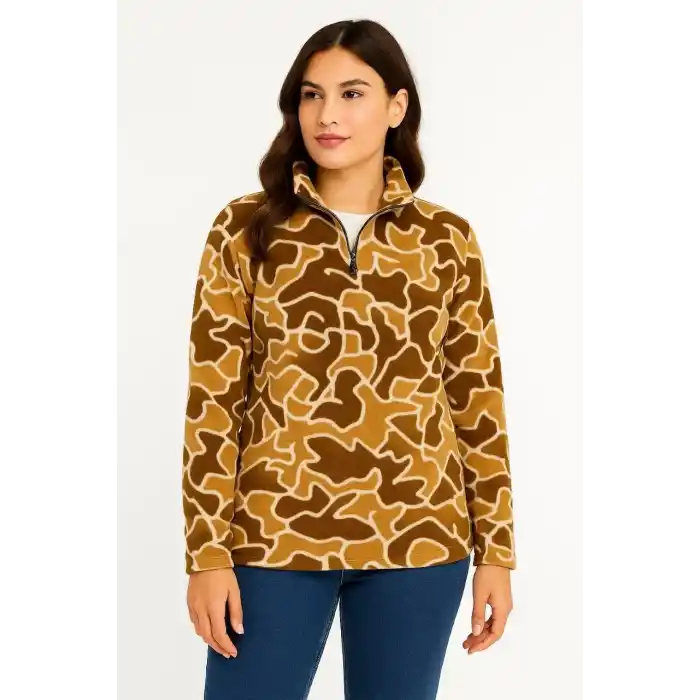 KADIN Yarım Fermuarlı Desenli Polar Sweat Yakalı, Uzun Kollu, Oversize Rahat Kalıp - Kahverengi