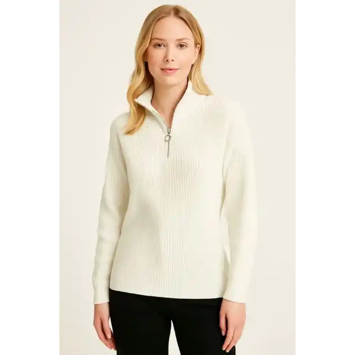 KADIN Yarım Fermuarlı Triko Kazak – Selanik Örgü, Dik Yaka, Pamuklu Dokuma, Oversize Uzun Kollu Kışlık Model - Beyaz