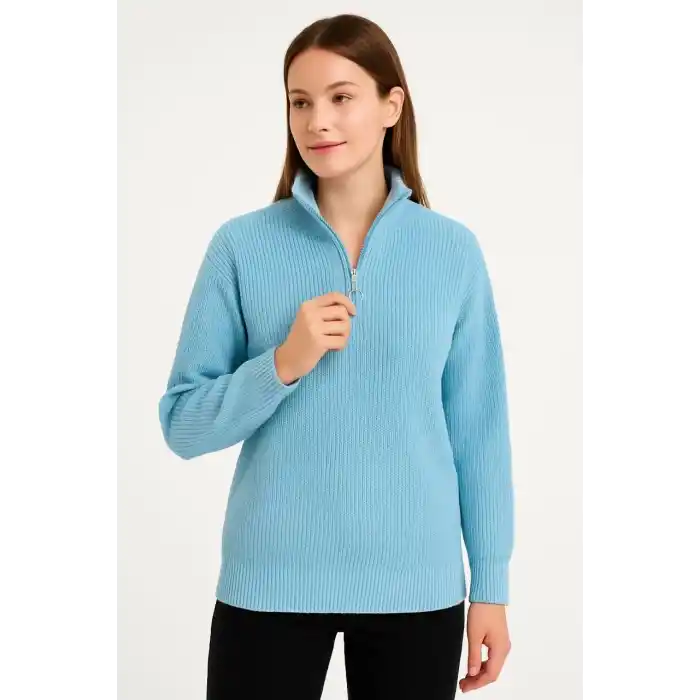 KADIN Yarım Fermuarlı Triko Kazak – Selanik Örgü, Dik Yaka, Pamuklu Dokuma, Oversize Uzun Kollu Kışlık Model - Bebe Mavisi