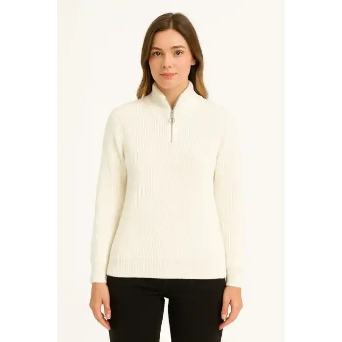 KADIN Yarım Fermuarlı Triko Kazak – Selanik Örgü, Dik Yaka, Pamuklu Dokuma, Oversize Uzun Kollu Kışlık Model - Beyaz