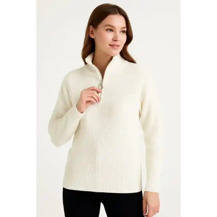 KADIN Yarım Fermuarlı Triko Kazak – Selanik Örgü, Dik Yaka, Pamuklu Dokuma, Oversize Uzun Kollu Kışlık Model - Beyaz